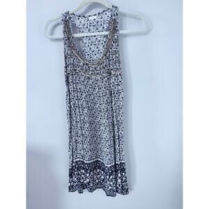 EUC En Creme black & white floral mini dress, neckline adored with gold beads M